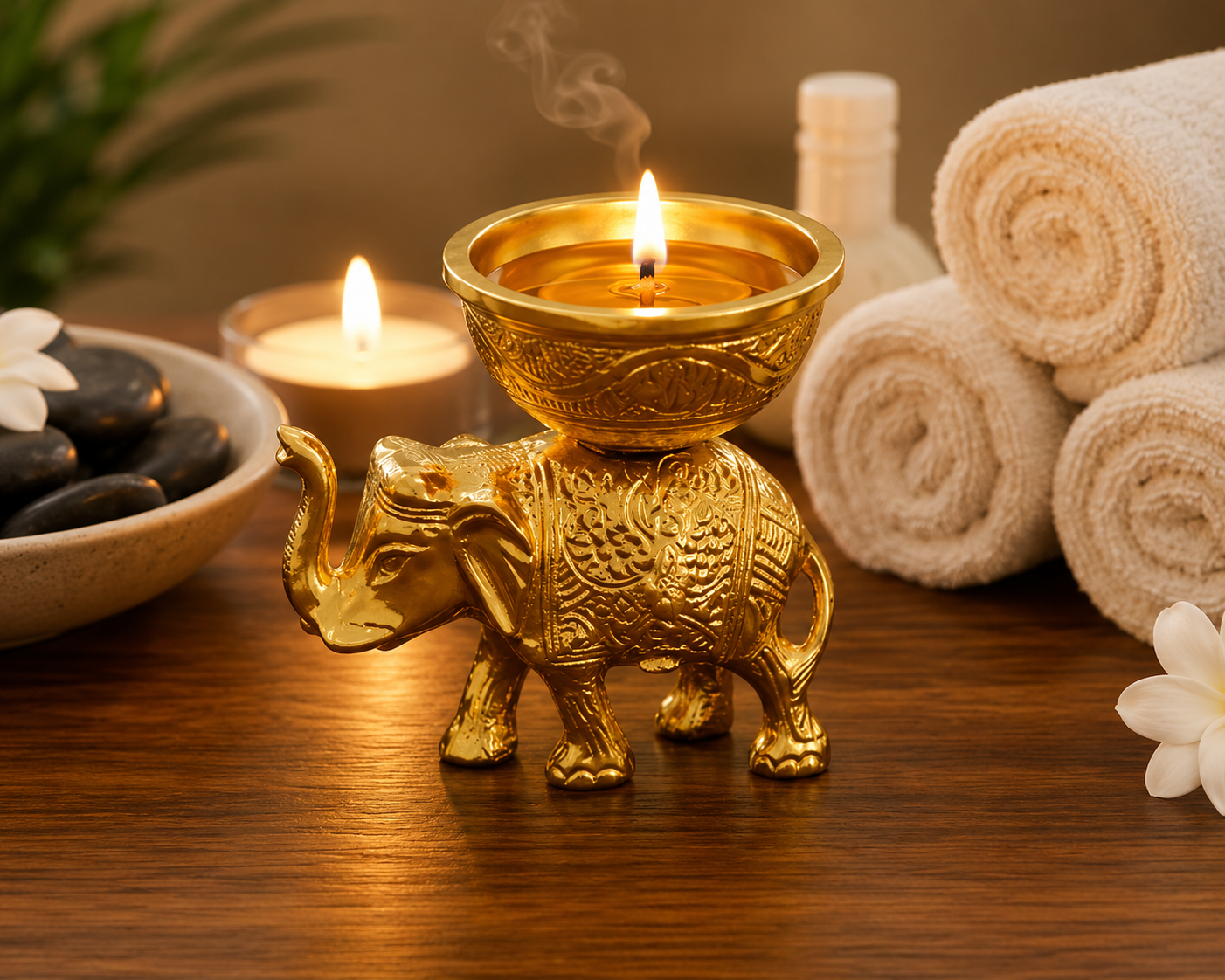 Elephant Urli Bowl — Gold Finish Metal Diya & Floating Flower Pot