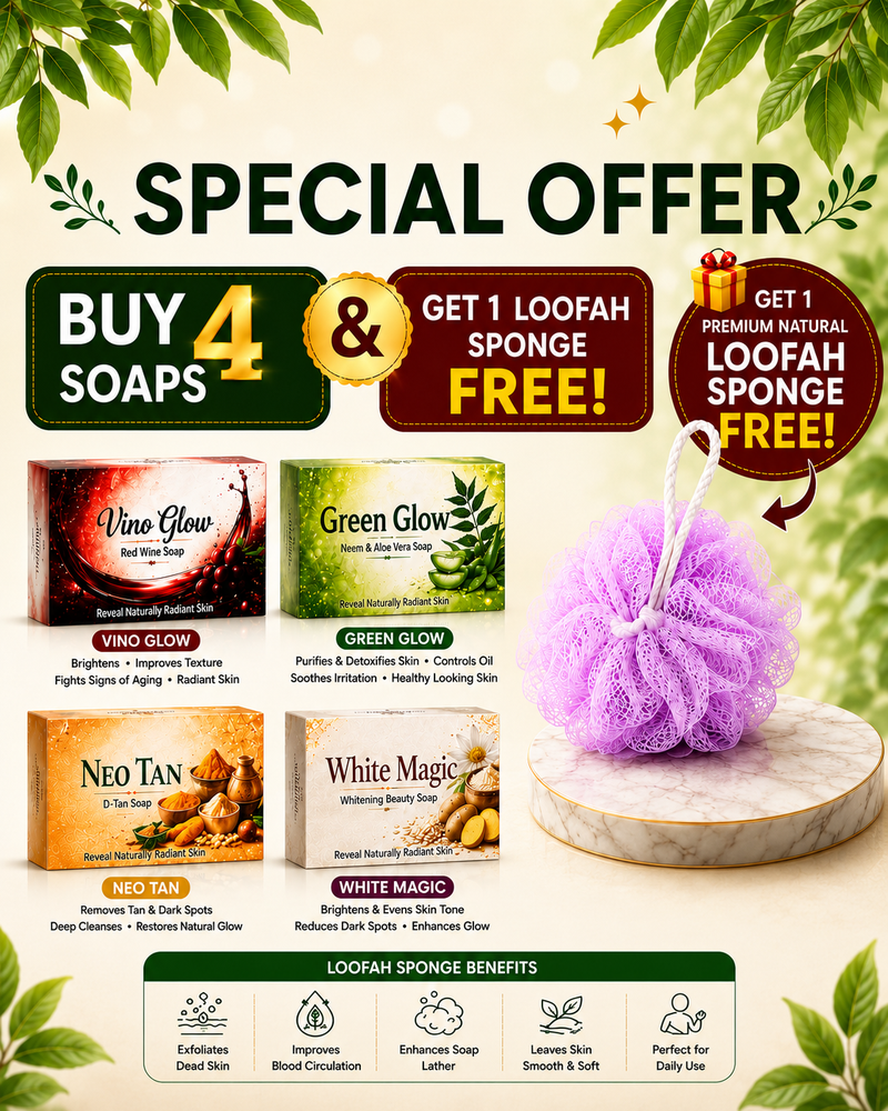 Buy 4 Soaps Get 1 Loofah Free - Limited Time Offer