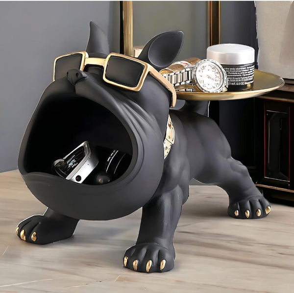 Bulldog Storage Butler Sculpture — Black & Gold Décor Showpiece