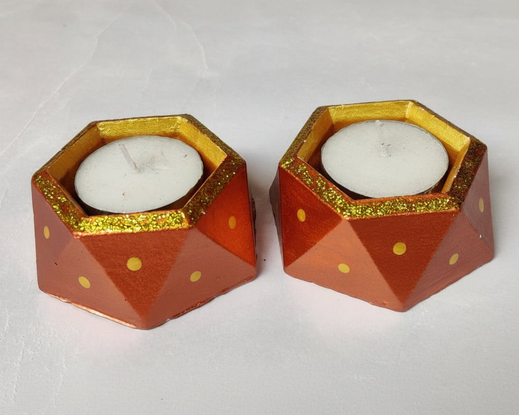 Handpainted Geometric Concrete Tealight Candle Holder — Hexagonal