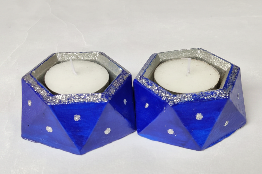 Handpainted Geometric Concrete Tealight Candle Holder — Hexagonal