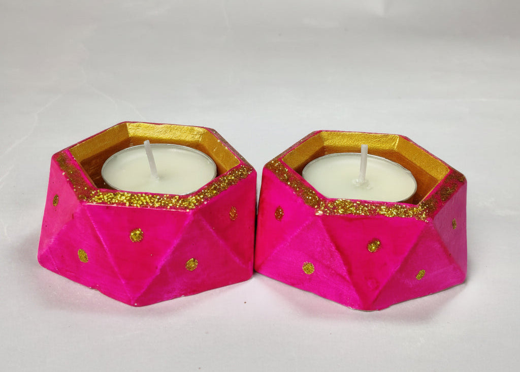 Handpainted Geometric Concrete Tealight Candle Holder — Hexagonal