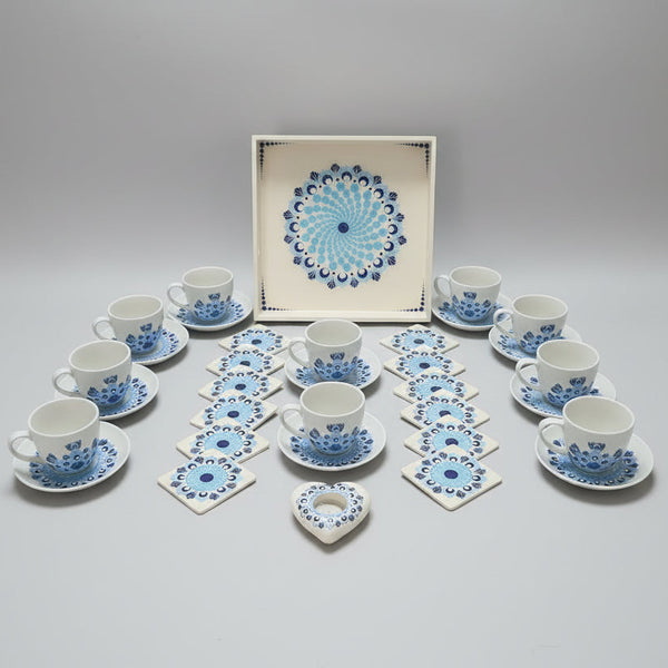 Handpainted Blue Dot Mandala Tea Set — Cups, Saucers, Tray & Coasters