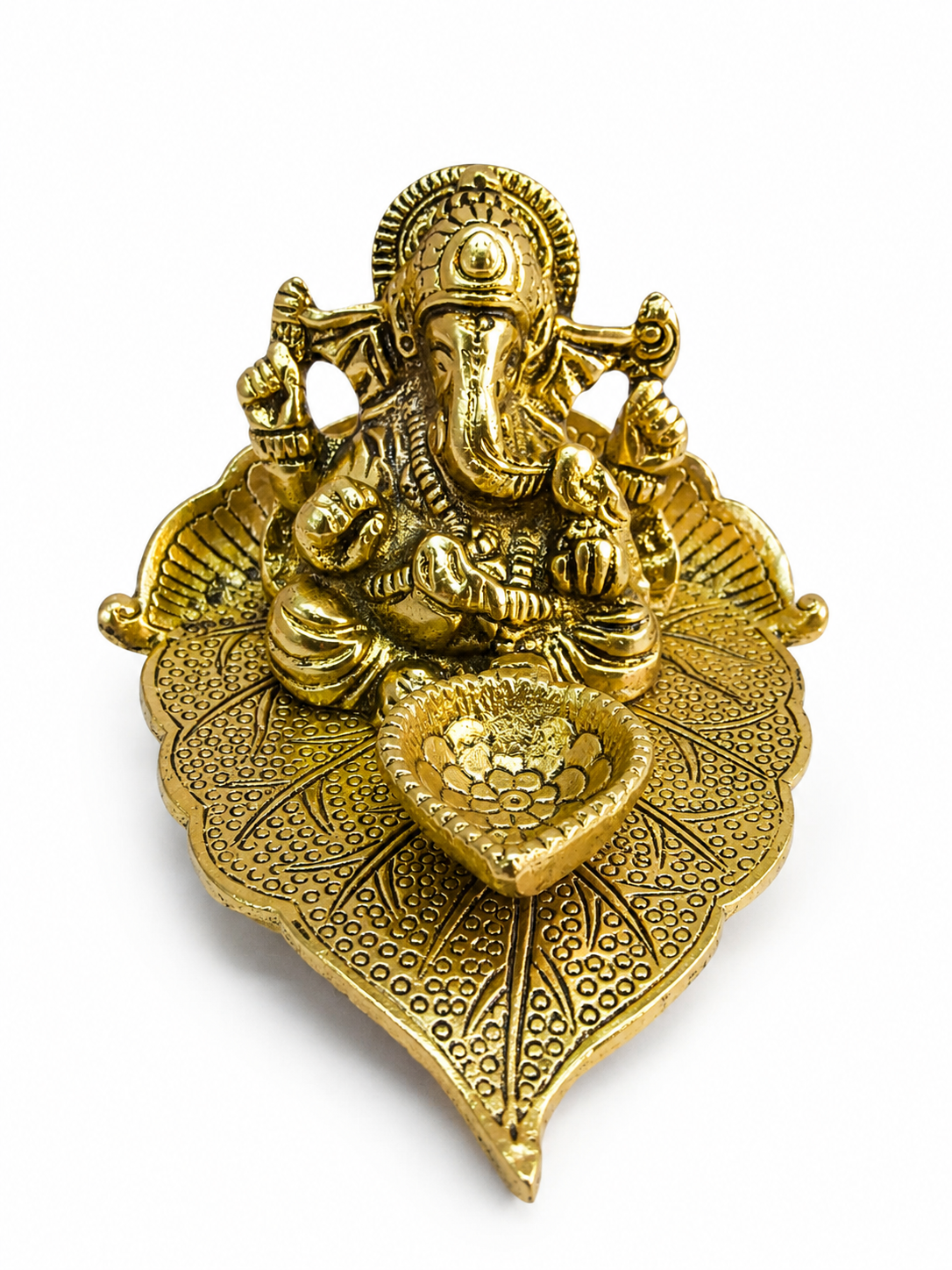 Ganesha Idol on Leaf Diya — Gold Finish Metal Showpiece